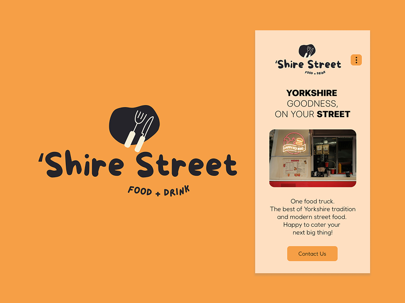 'Shire Street cover image. Black logo on the left side and prototype screenshots on the right. All over an orange background.
